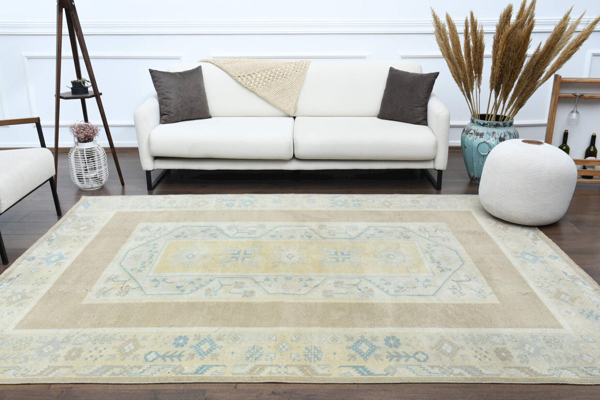 El yapımı vintage halı 198x277 cm i̇kat desenli yün - farklı açıdan görünüm
