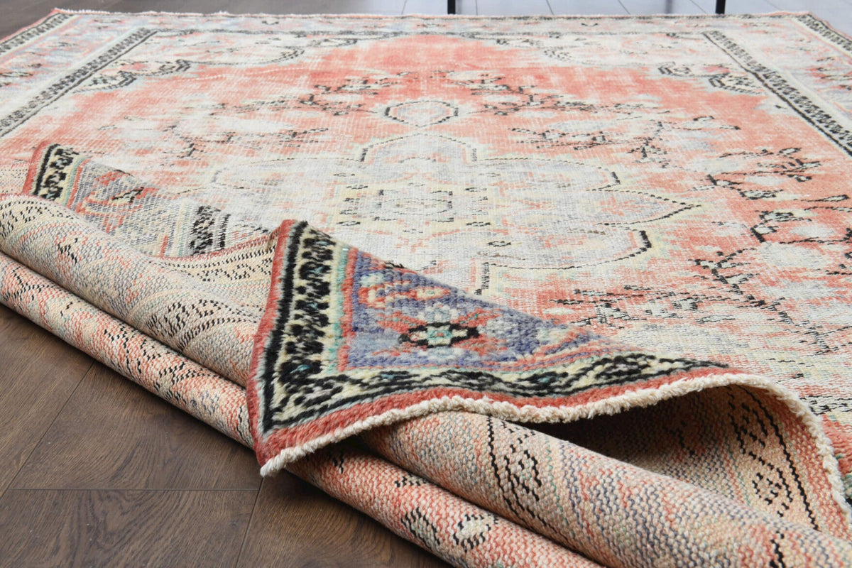 El yapımı vintage halı 183x305 cm oryantal desenli yün - kenar ve saçak detayı