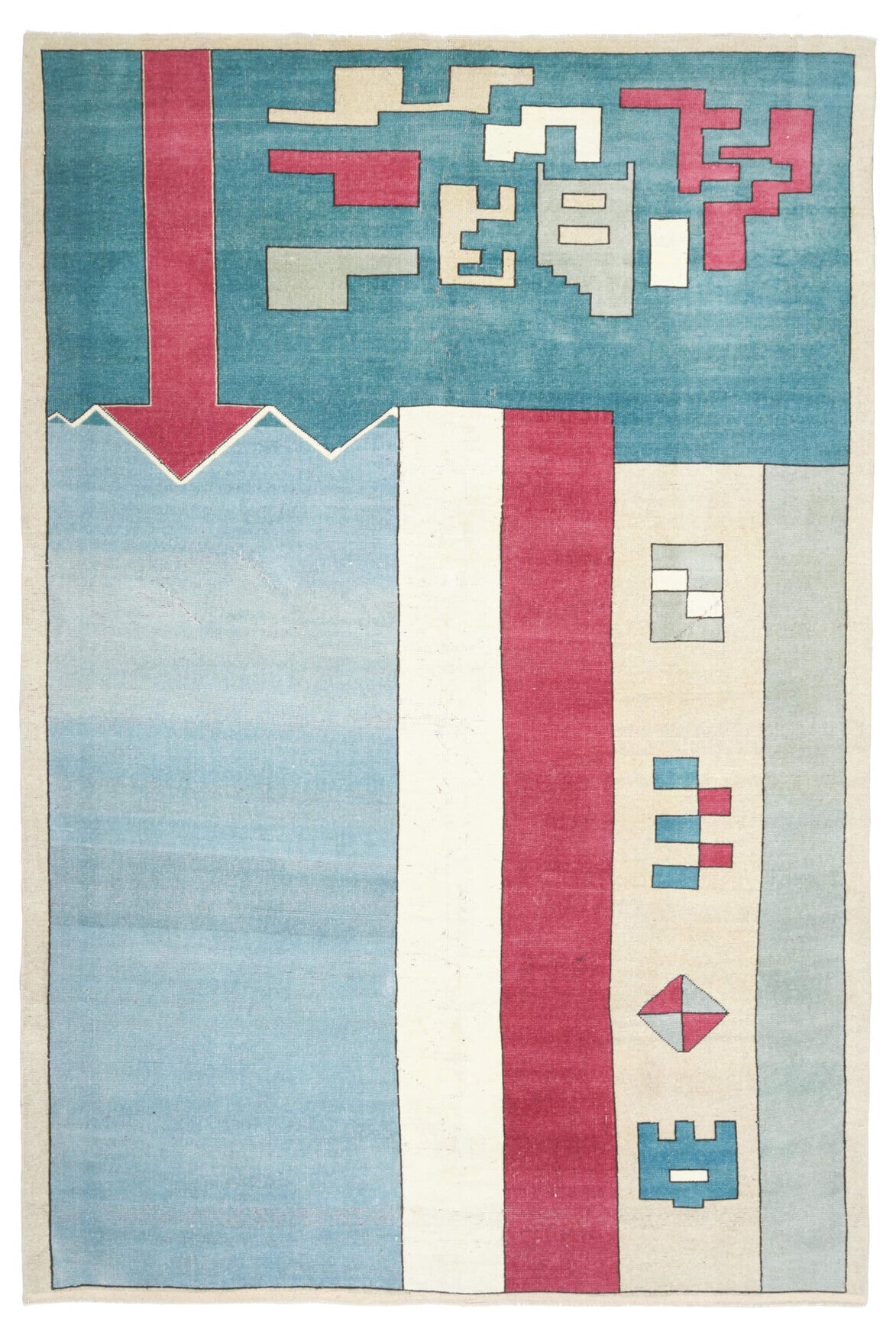 El yapımı vintage halı 203x305 cm tribal desenli yün - detay görünümü