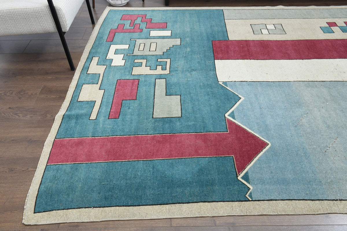 El yapımı vintage halı 203x305 cm tribal desenli yün - desen detayı