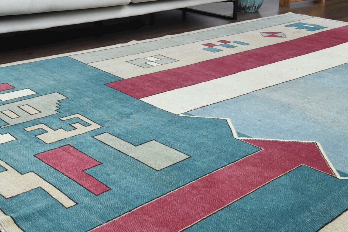 El yapımı vintage halı 203x305 cm tribal desenli yün - üstten görünüm