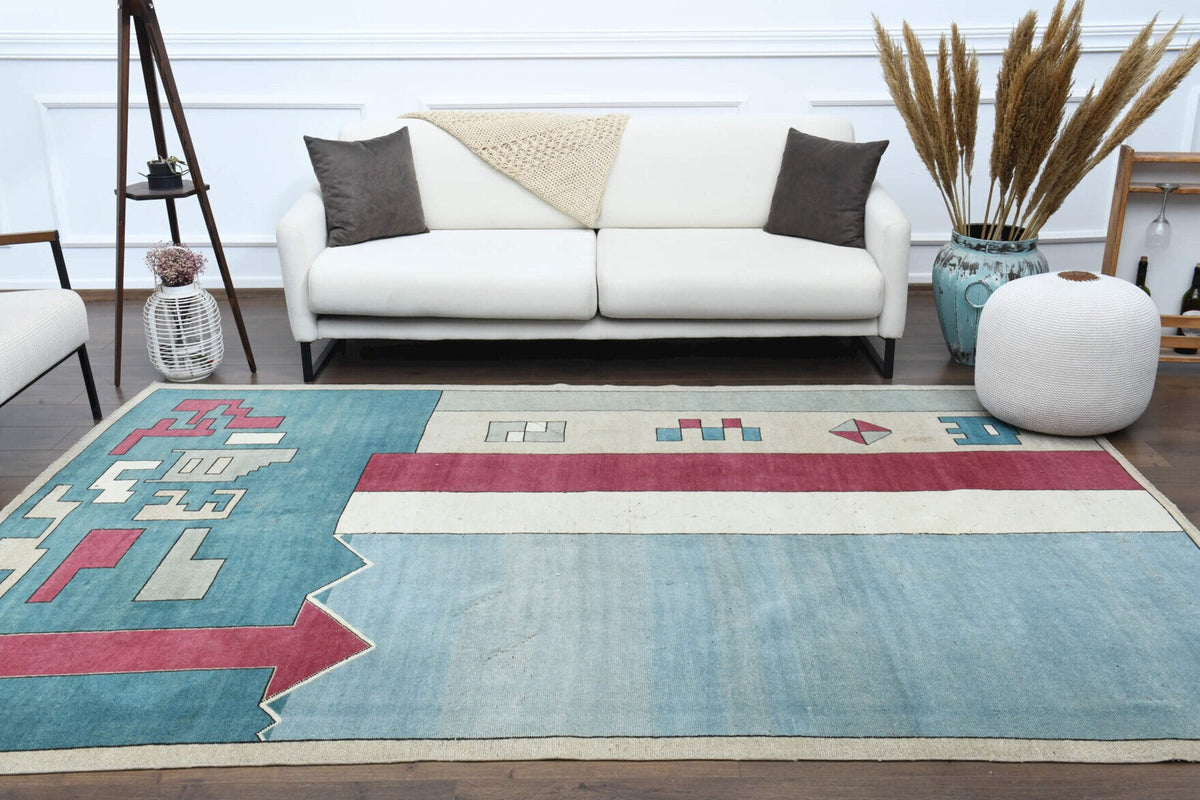 El yapımı vintage halı 203x305 cm tribal desenli yün