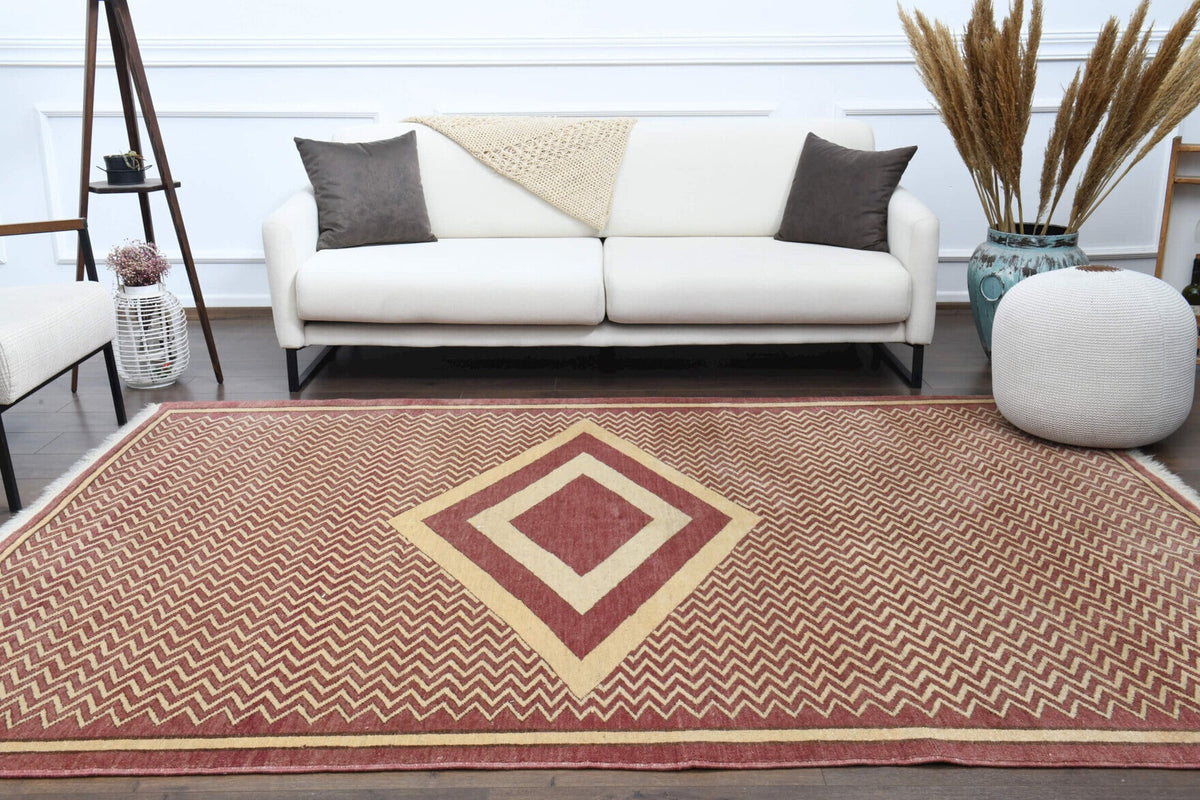 El yapımı vintage halı 196x277 cm geometrik desenli yün - farklı açıdan görünüm
