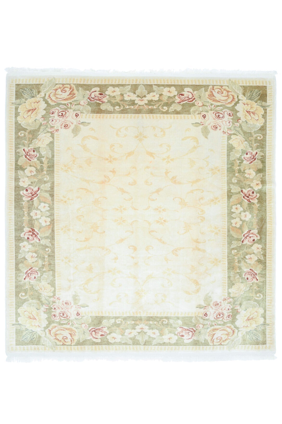 El yapımı vintage halı 234x241 cm çerçeveli desenli yün - ışık altında renk detayı