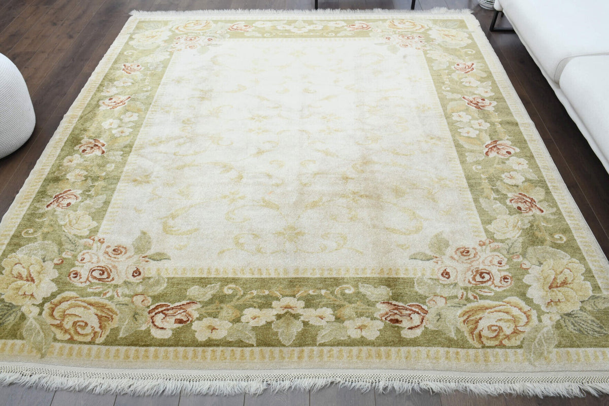 El yapımı vintage halı 234x241 cm çerçeveli desenli yün - detay görünümü
