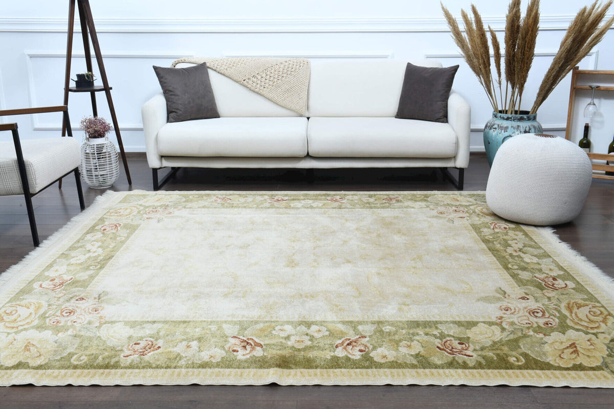 El yapımı vintage halı 234x241 cm çerçeveli desenli yün - farklı açıdan görünüm