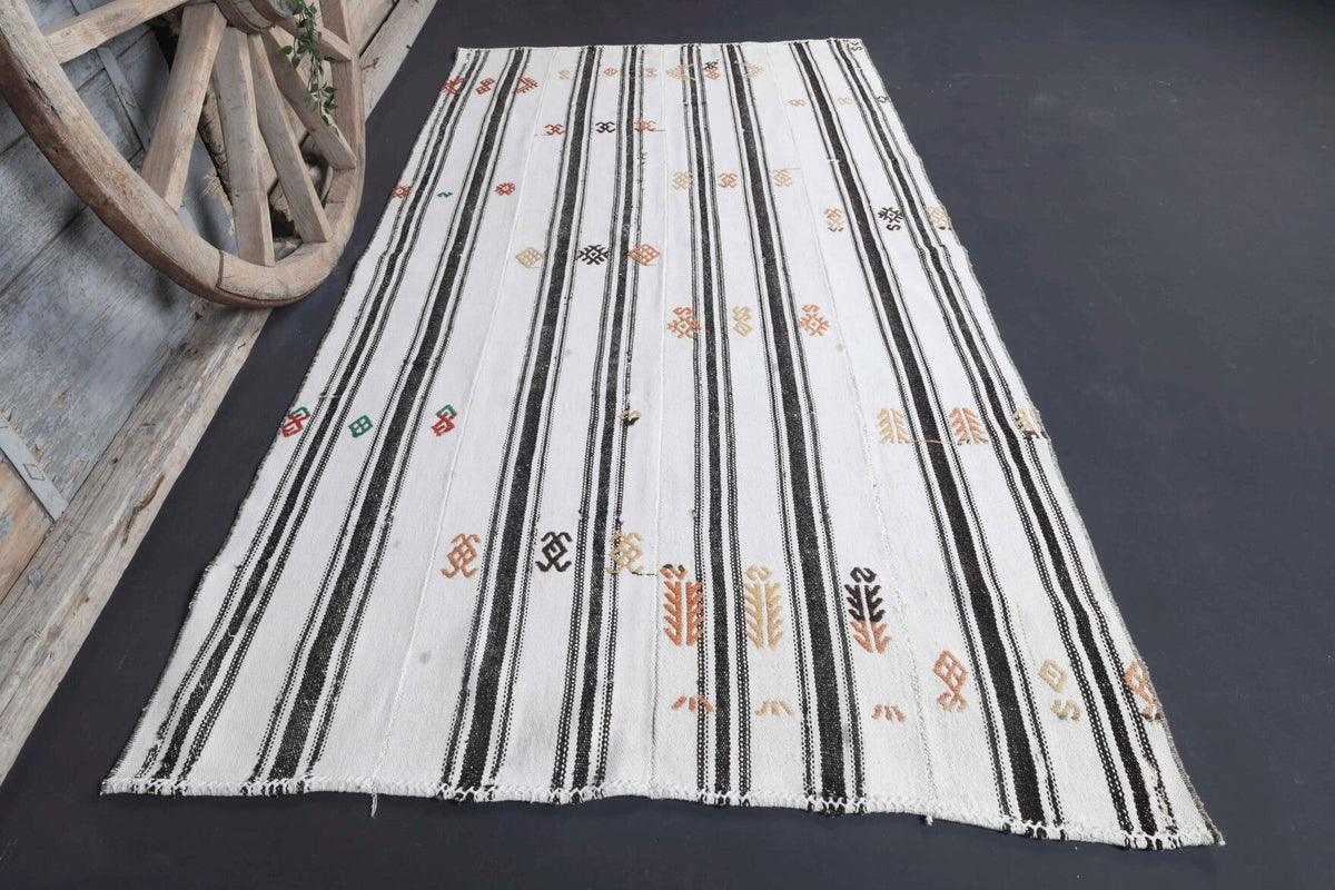 El yapımı vintage halı 132x249 cm çizgili desenli yün - detay görünümü