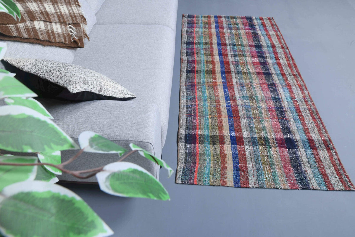 El yapımı vintage halı 102x201 cm kareli desenli yün - detay görünümü