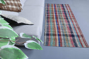 El yapımı vintage halı 102x201 cm kareli desenli yün - detay görünümü