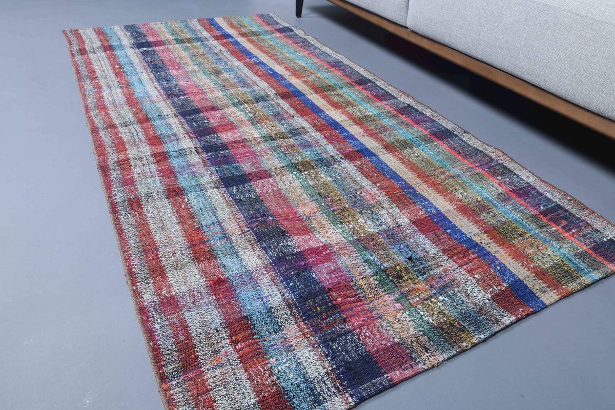 El yapımı vintage halı 102x201 cm kareli desenli yün - üstten görünüm