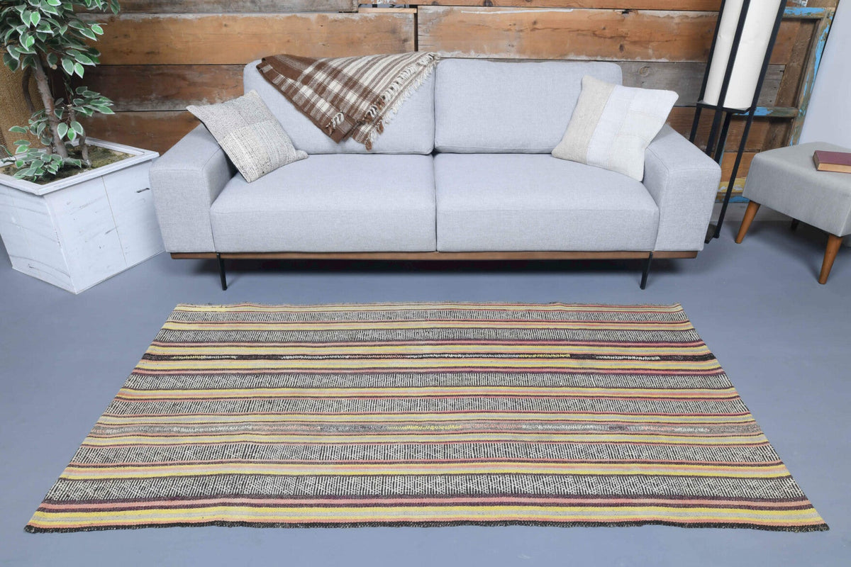 El yapımı vintage halı 107x203 cm çizgili desenli yün - desen detayı