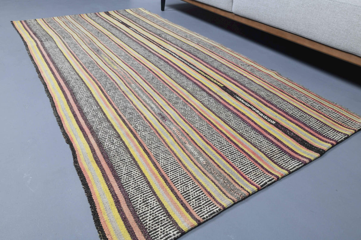 El yapımı vintage halı 107x203 cm çizgili desenli yün - üstten görünüm