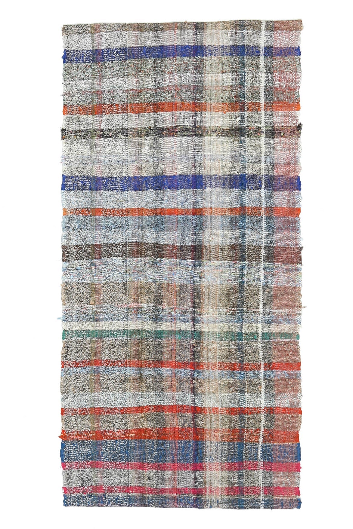 El yapımı vintage yolluk 97x208 cm kareli desenli yün - ışık altında renk detayı