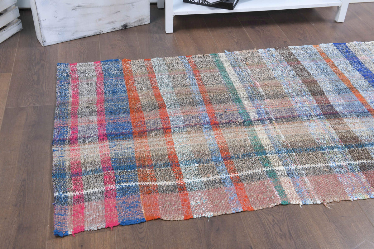 El yapımı vintage yolluk 97x208 cm kareli desenli yün - yakın çekim doku detayı