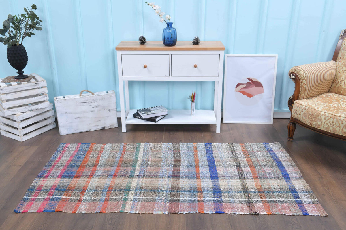 El yapımı vintage yolluk 97x208 cm kareli desenli yün - kenar ve saçak detayı