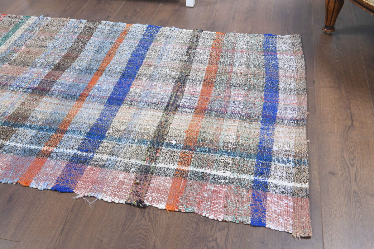 El yapımı vintage yolluk 97x208 cm kareli desenli yün - desen detayı