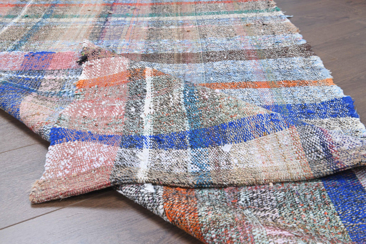 El yapımı vintage yolluk 97x208 cm kareli desenli yün - farklı açıdan görünüm