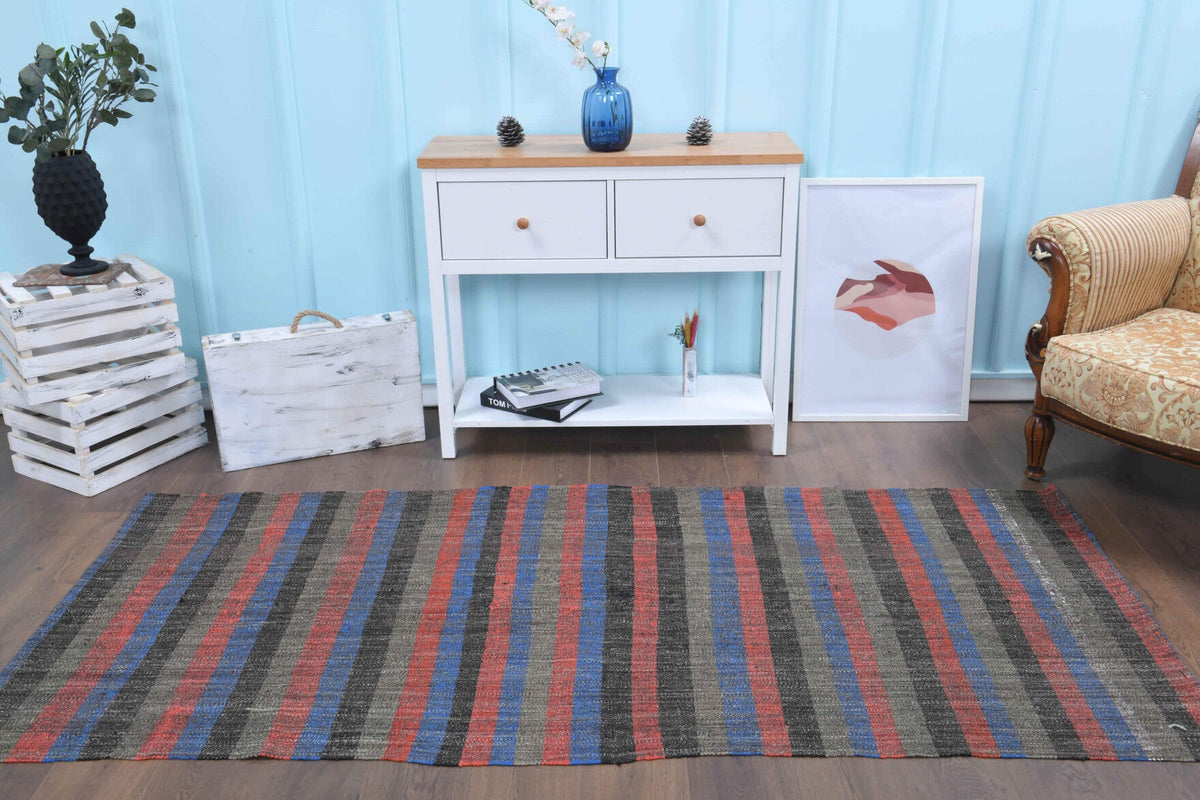 El yapımı vintage yolluk 107x241 cm çizgili desenli yün - kenar ve saçak detayı