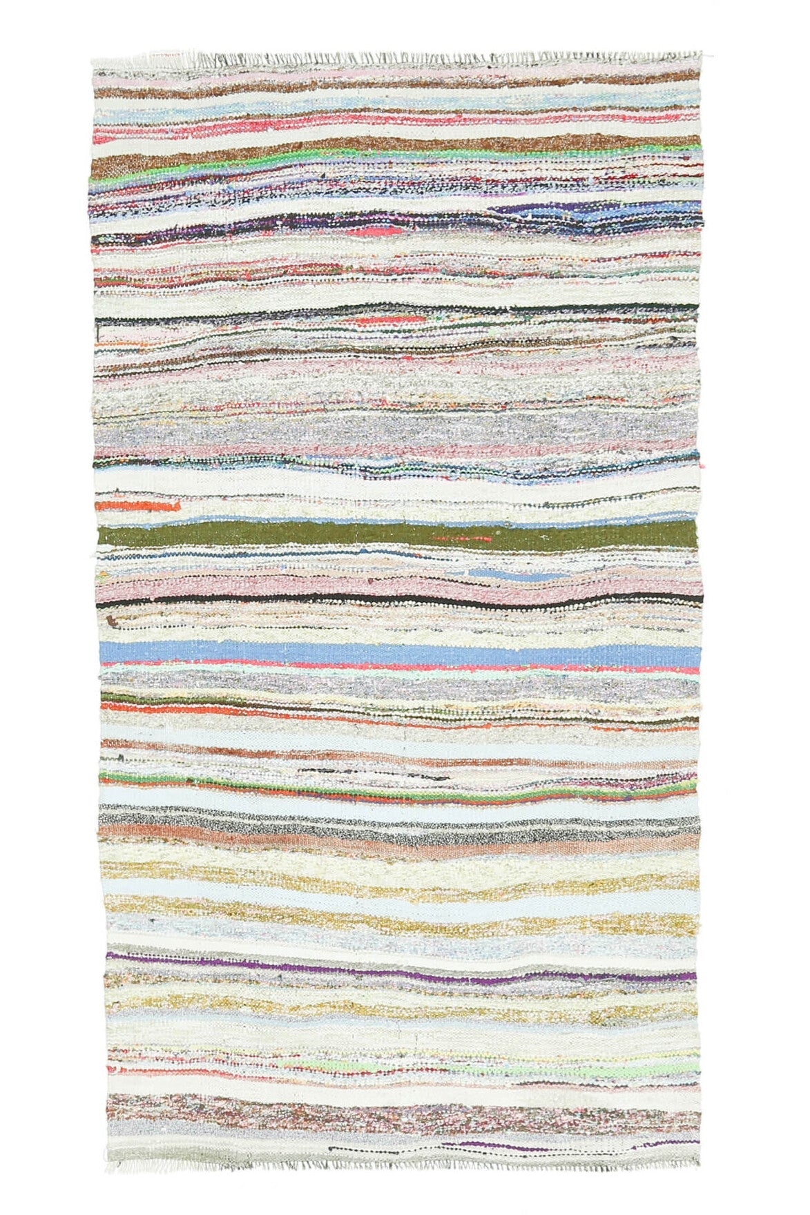 El yapımı vintage halı 109x213 cm çizgili desenli yün - üstten görünüm