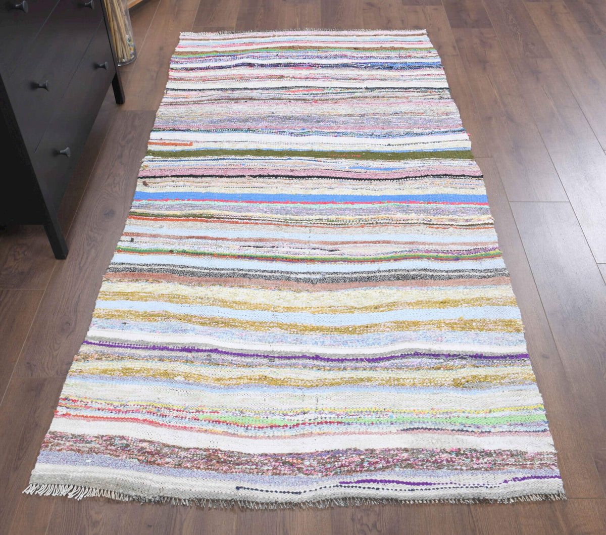 El yapımı vintage halı 109x213 cm çizgili desenli yün - detay görünümü