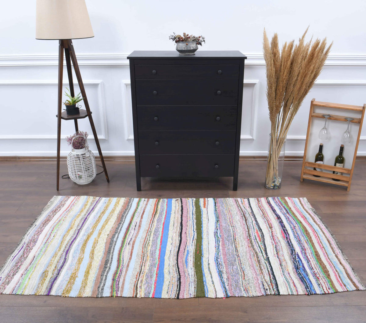 El yapımı vintage halı 109x213 cm çizgili desenli yün - desen detayı