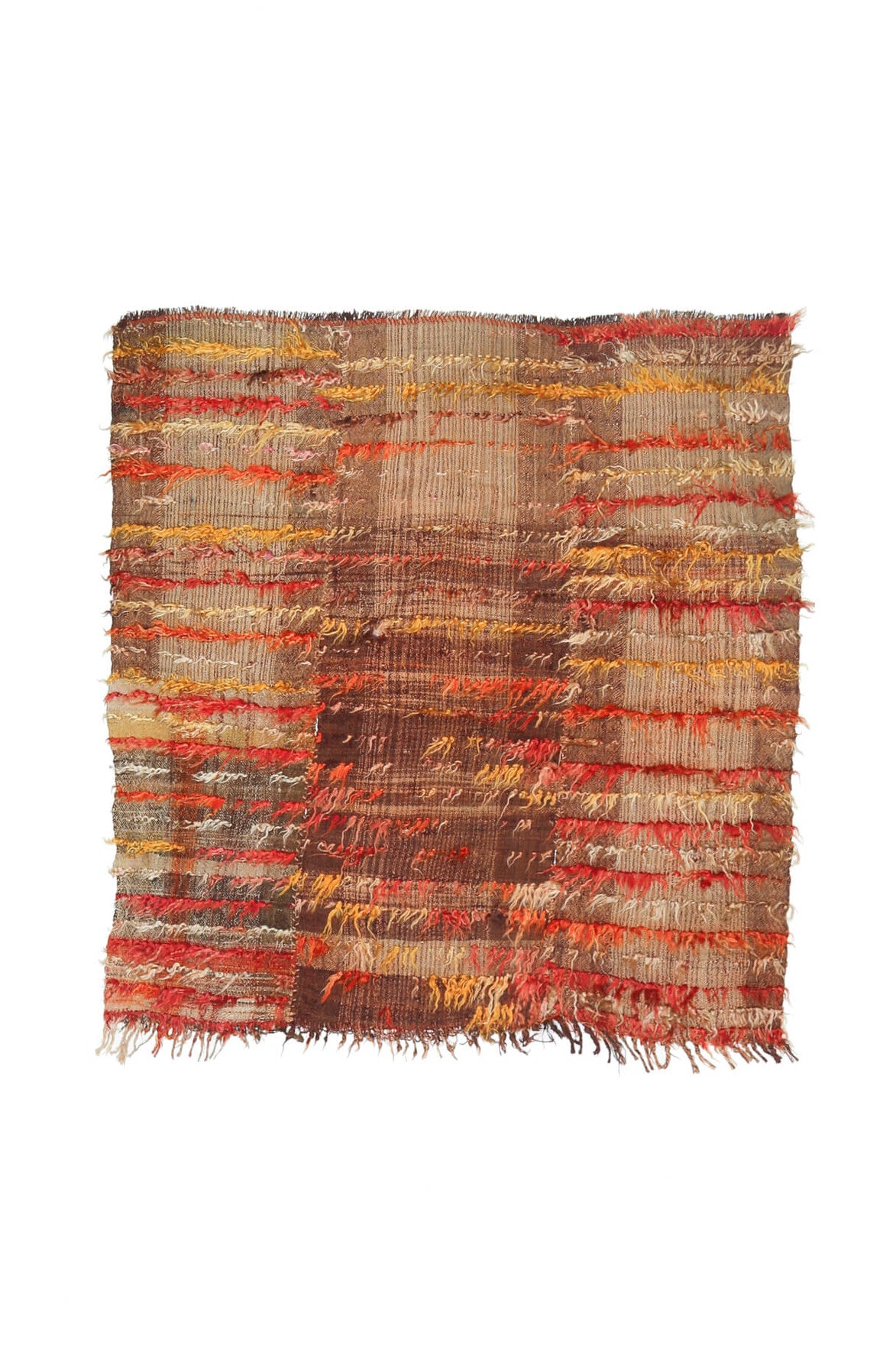 130x137 cm turuncu, kahverengi ve kırmızı ikat desenli el dokuma vintage kare kilim – üstten tam görünüm