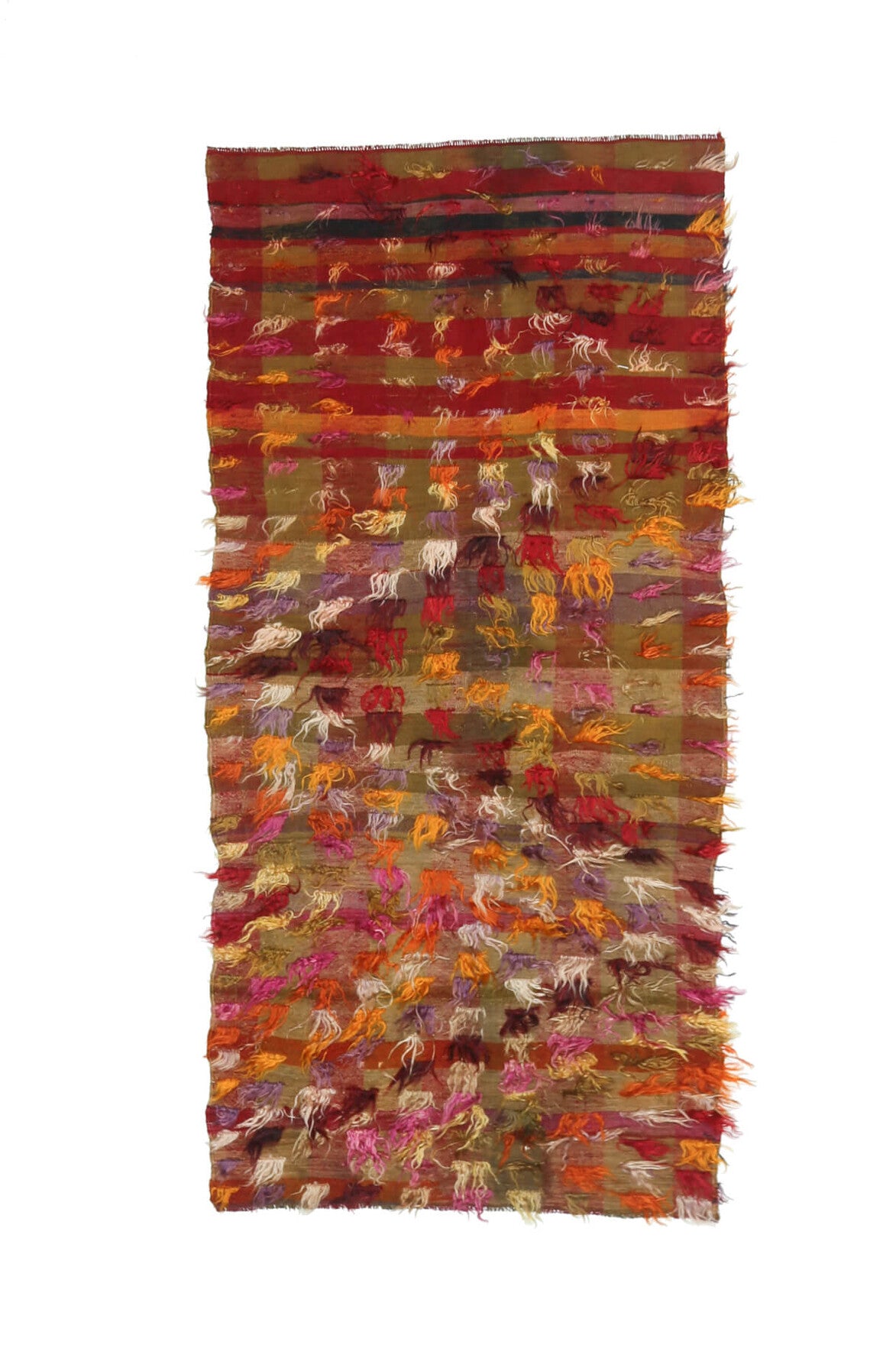 103x220 cm kırmızı, kahverengi ve turuncu ikat desenli el dokuma vintage kilim – üstten tam görünüm