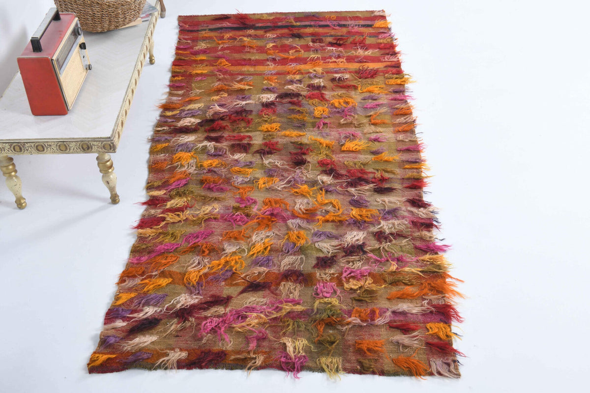 1960'lardan Anadolu kökenli ikat desenli el dokuma vintage kilim, 103x220 cm