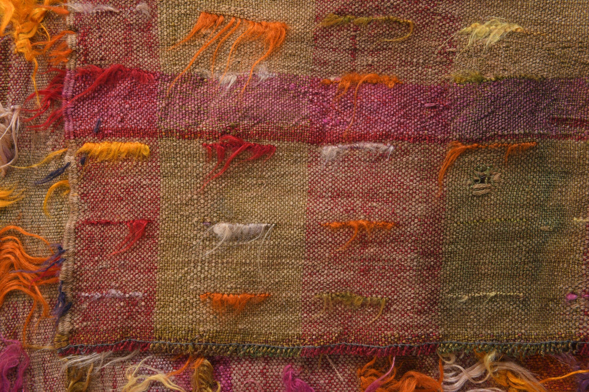 Kırmızı, kahverengi ve turuncu renkli el dokuma vintage kilim, %100 yün dokuma
