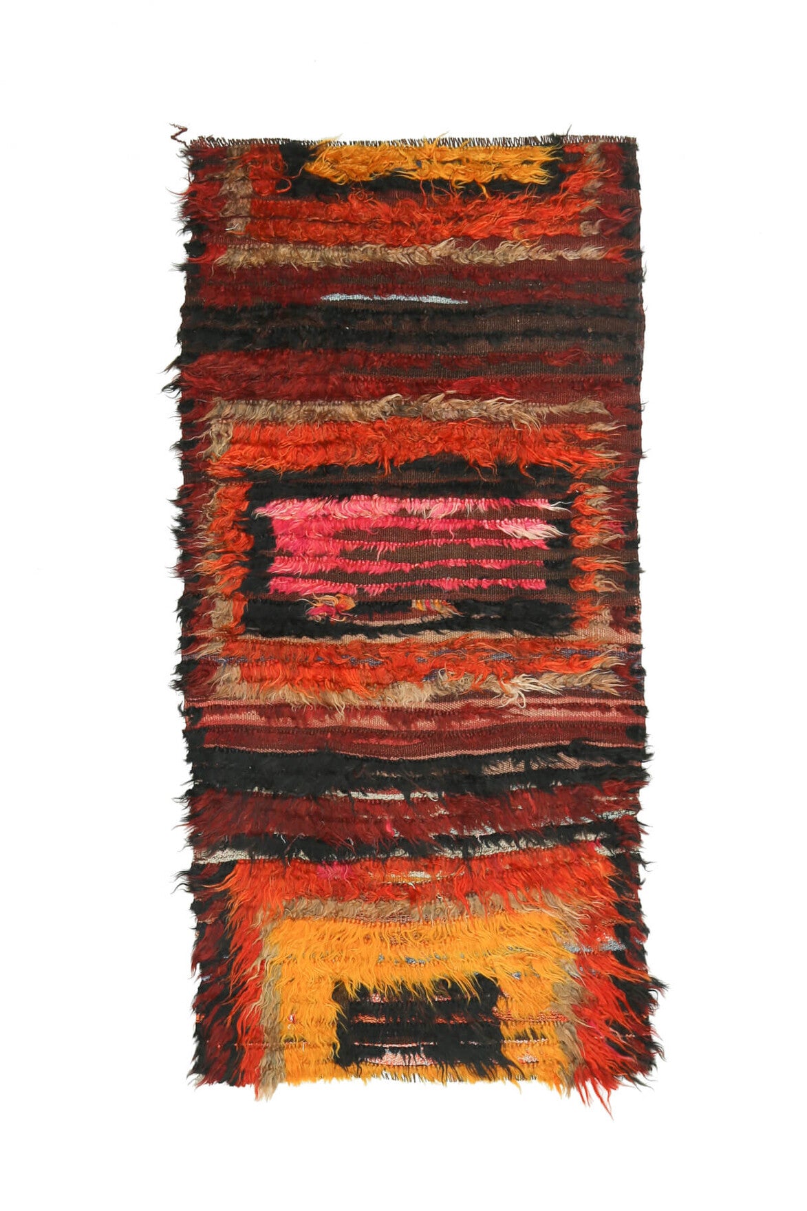 107x220 cm kırmızı, turuncu ve kahverengi ikat desenli el dokuma vintage kilim – üstten tam görünüm