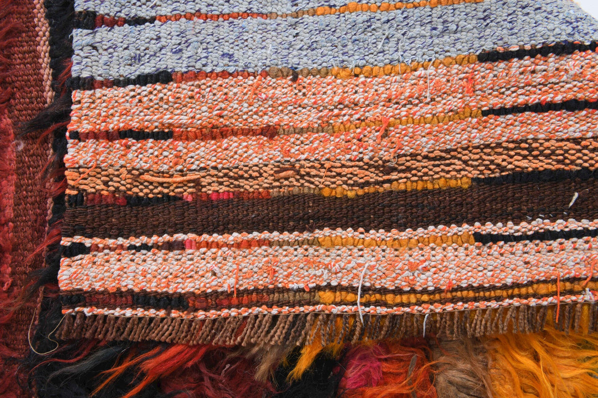 Kırmızı, turuncu ve kahverengi renkli el dokuma vintage kilim, %100 yün dokuma