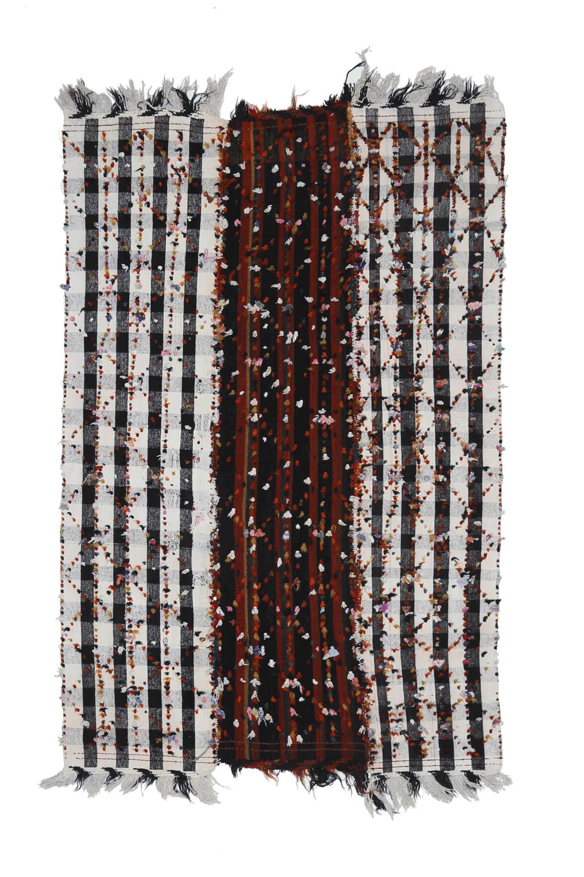 132x217 cm gri, siyah ve kırmızı ikat desenli el dokuma vintage kilim – üstten tam görünüm