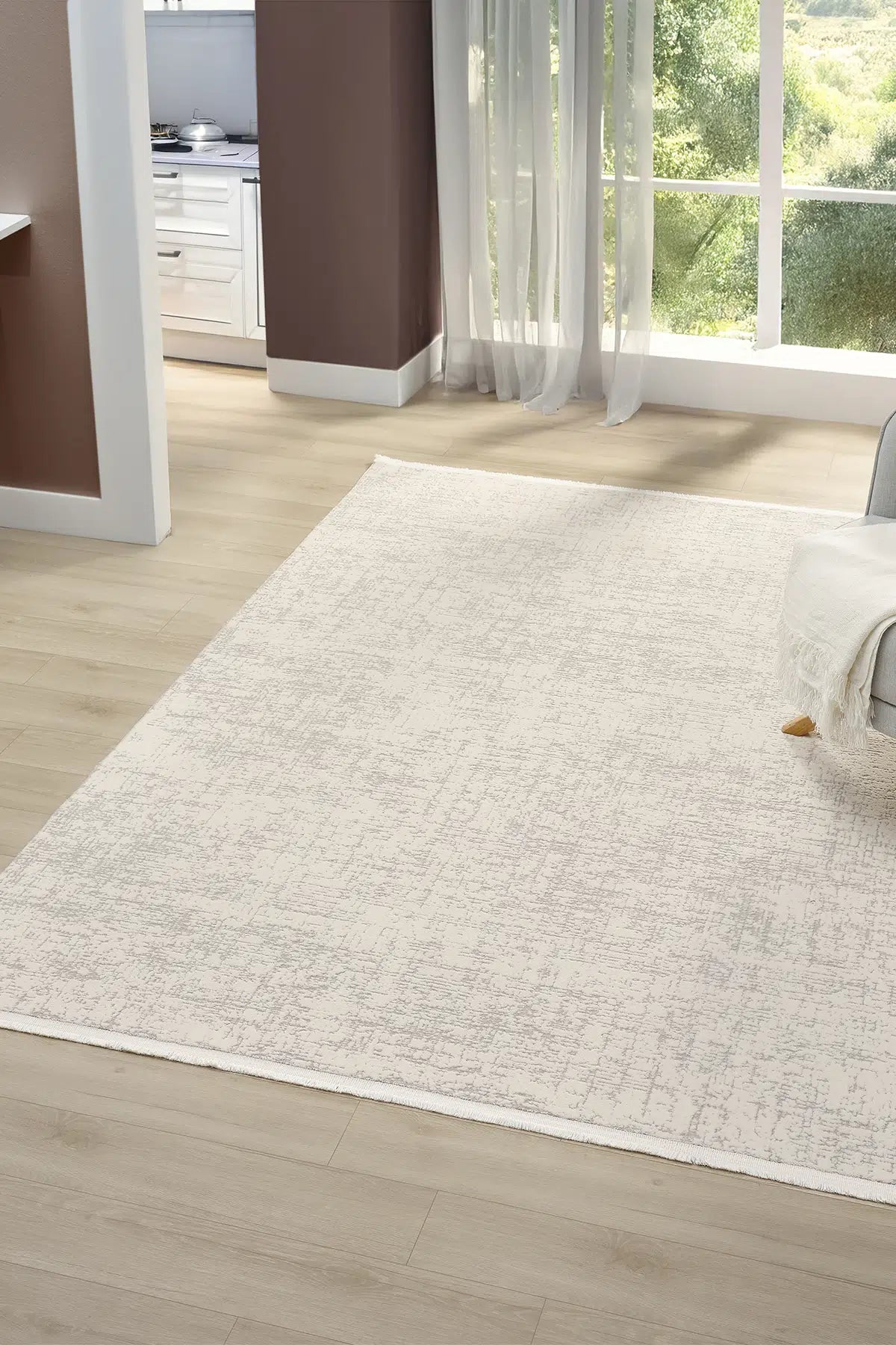 Krem-Gri Modern Mimari Çizgili Prestij Salon Halısı 8080KI, çizgili ve geometrik desenli krem-gri halı