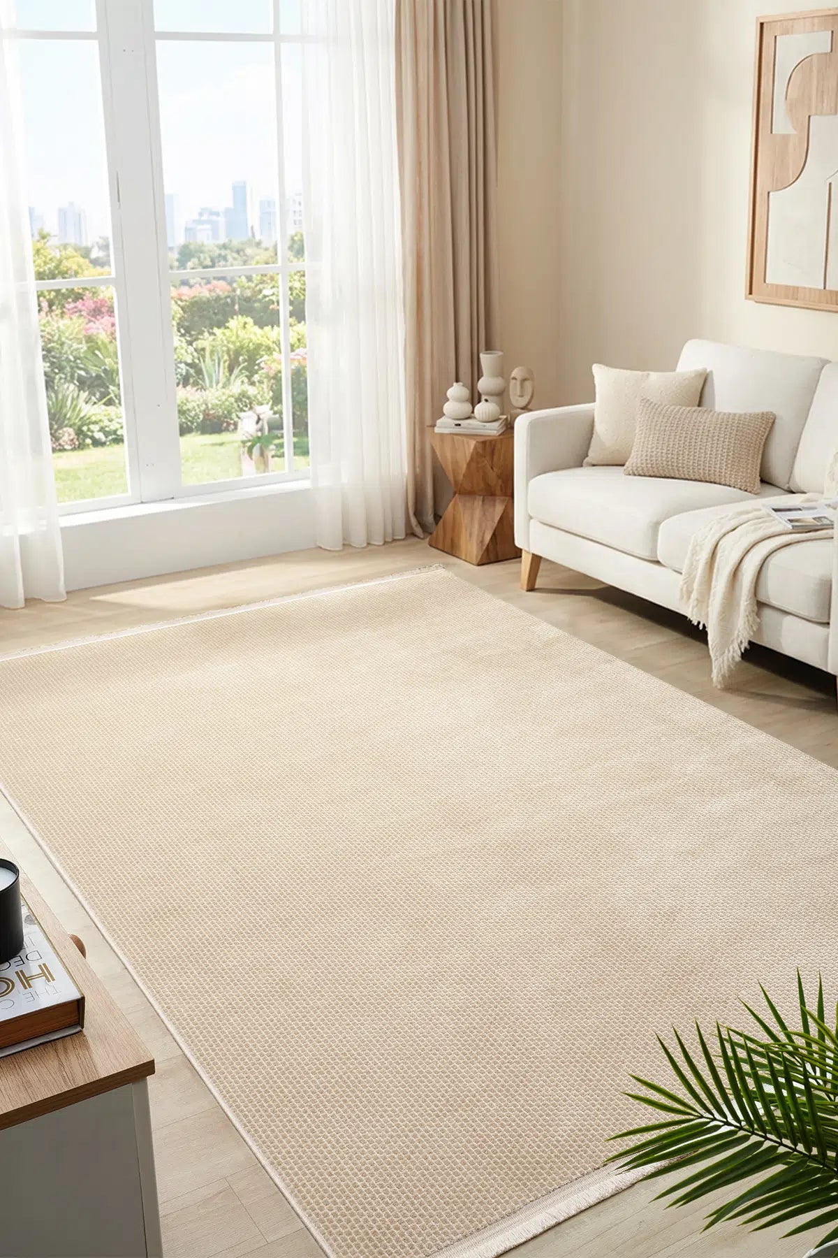 Bej Monokrom Düz Dokulu Minimalist Halı - 889BM