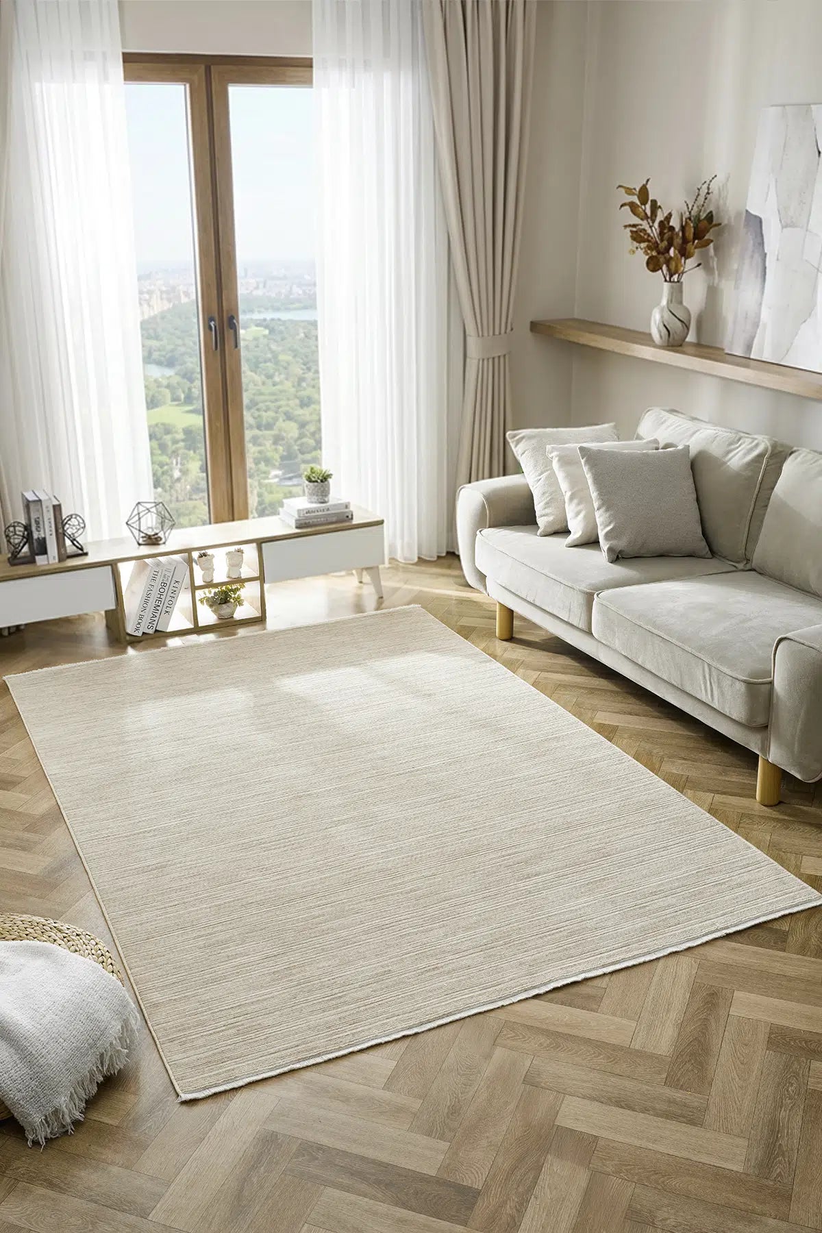 Krem Çizgili Dokuma Dayanıklı Modern Halı - 3301KO