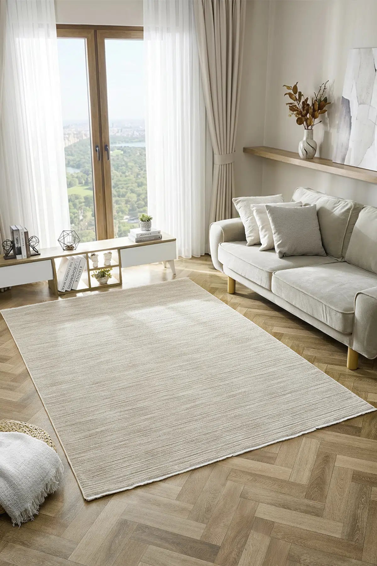 Bej Çizgili Dokuma Dayanıklı Modern Halı - 3302BO