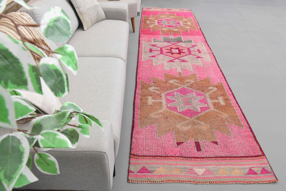 El yapımı vintage yolluk 97x353 cm tribal desenli yün - detay görünümü