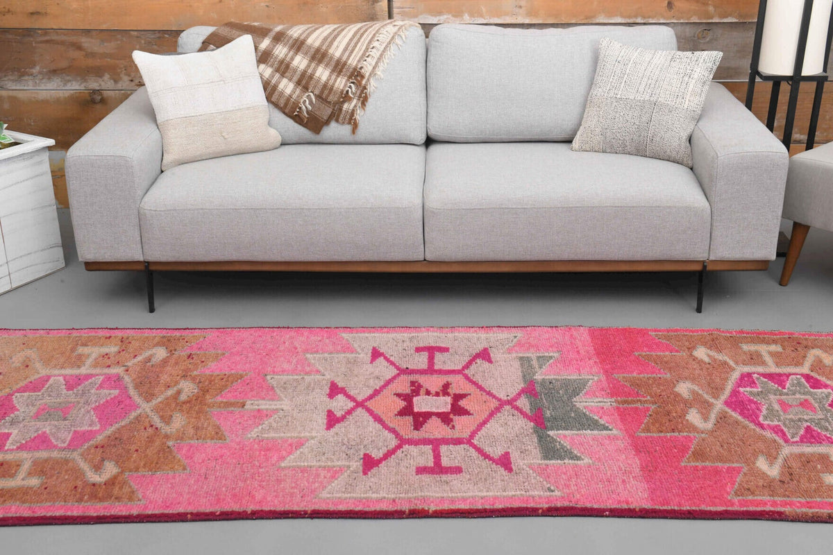 El yapımı vintage yolluk 97x353 cm tribal desenli yün - kenar ve saçak detayı