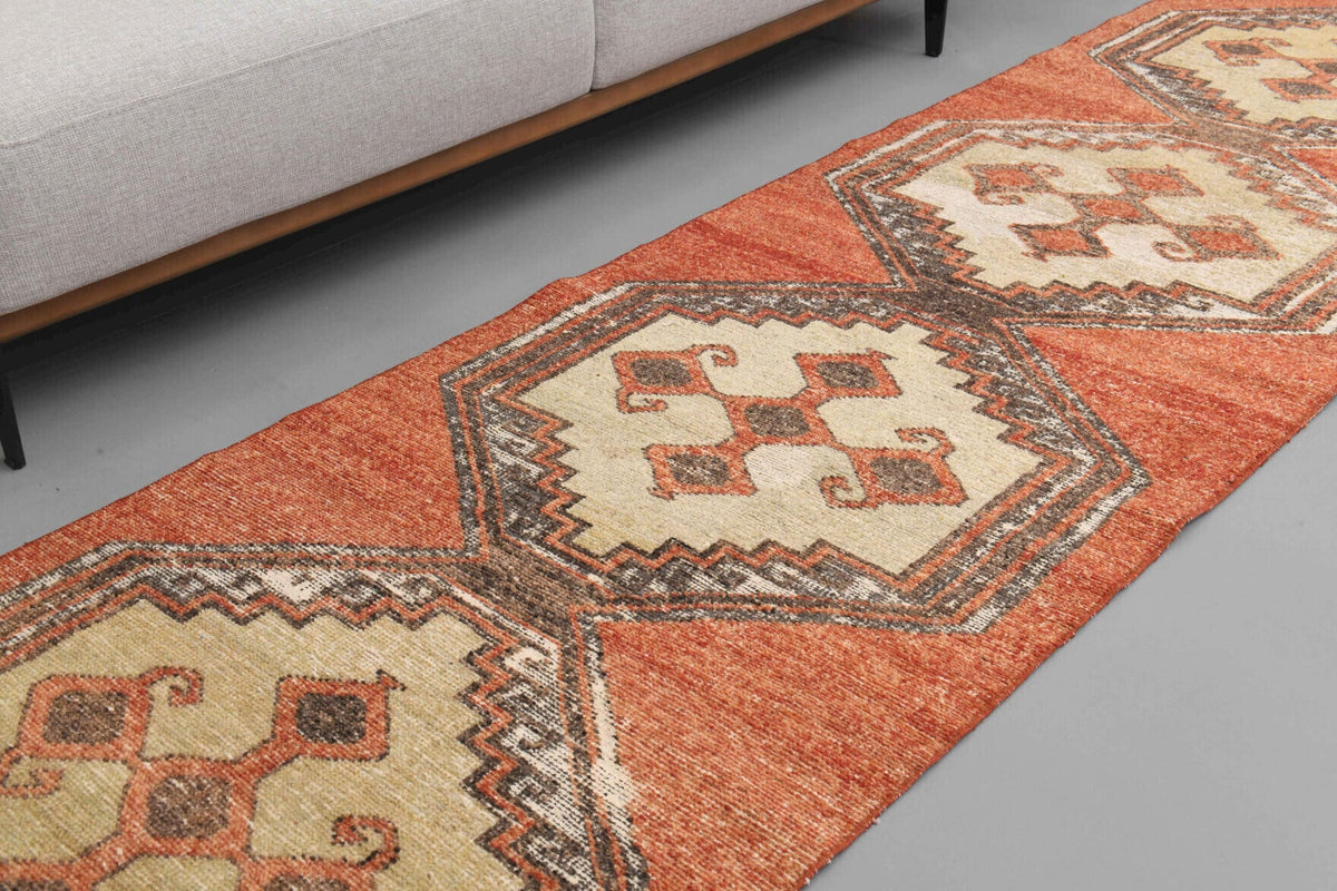 El yapımı vintage yolluk 91x361 cm tribal desenli yün - yakın çekim doku detayı