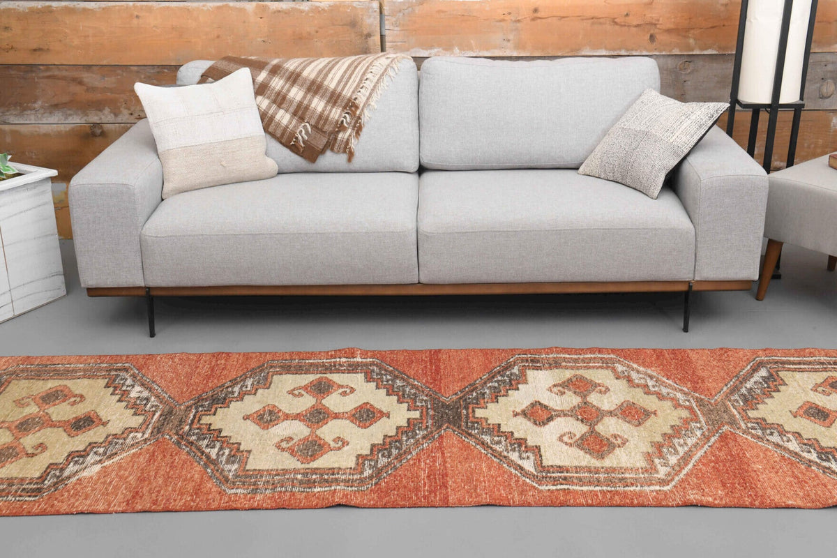 El yapımı vintage yolluk 91x361 cm tribal desenli yün - kenar ve saçak detayı
