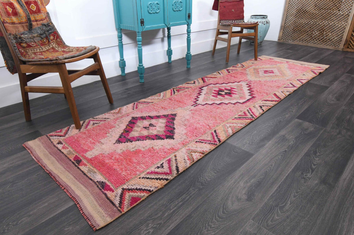 El yapımı vintage yolluk 89x315 cm oryantal desenli yün - yakın çekim doku detayı