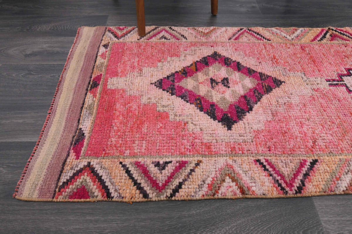 El yapımı vintage yolluk 89x315 cm oryantal desenli yün - kenar ve saçak detayı