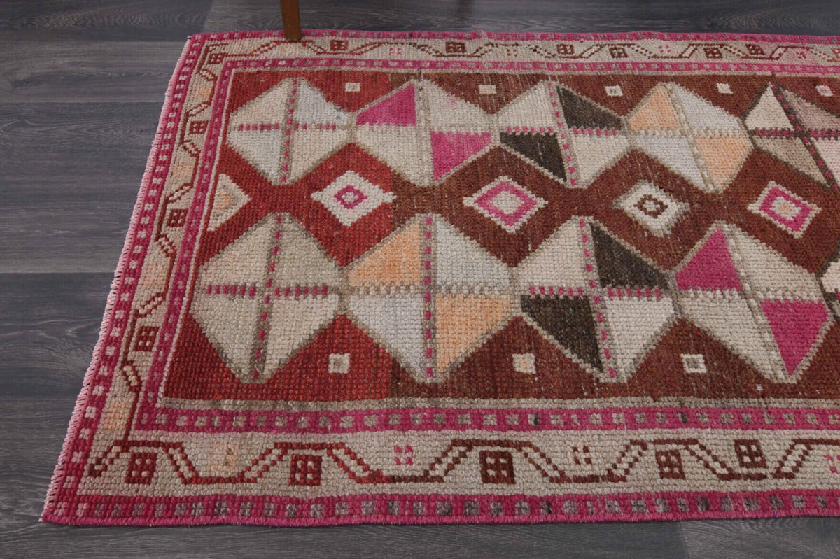 El yapımı vintage yolluk 97x290 cm i̇kat desenli yün - kenar ve saçak detayı