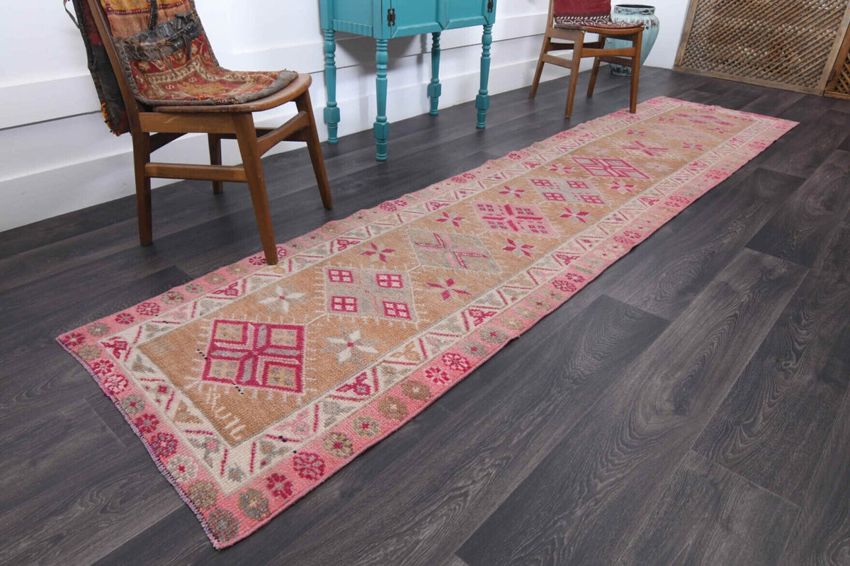 El yapımı vintage yolluk 81x361 cm i̇kat desenli yün - yakın çekim doku detayı