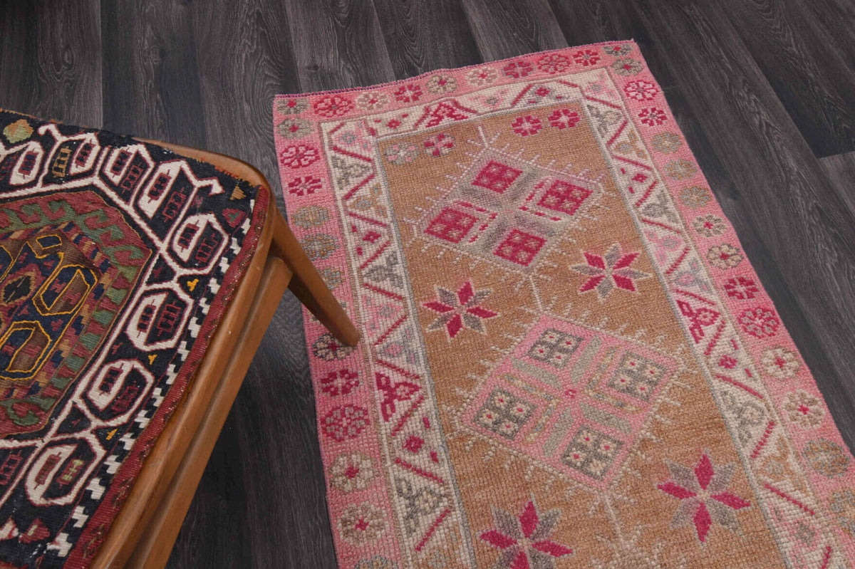 El yapımı vintage yolluk 81x361 cm i̇kat desenli yün - üstten görünüm