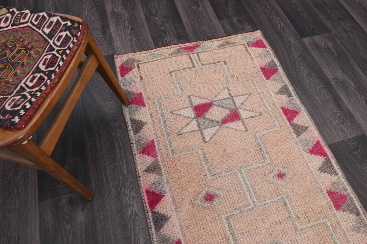 El yapımı vintage yolluk 79x305 cm geometrik desenli yün - üstten görünüm