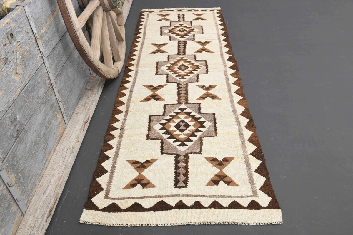 El yapımı vintage yolluk 94x292 cm i̇kat desenli yün - detay görünümü