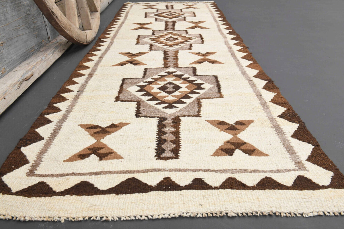 El yapımı vintage yolluk 94x292 cm i̇kat desenli yün - kenar ve saçak detayı