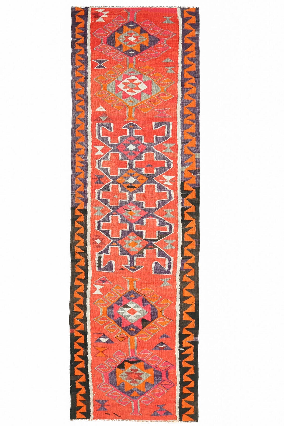 El yapımı vintage yolluk 94x310 cm i̇kat desenli yün