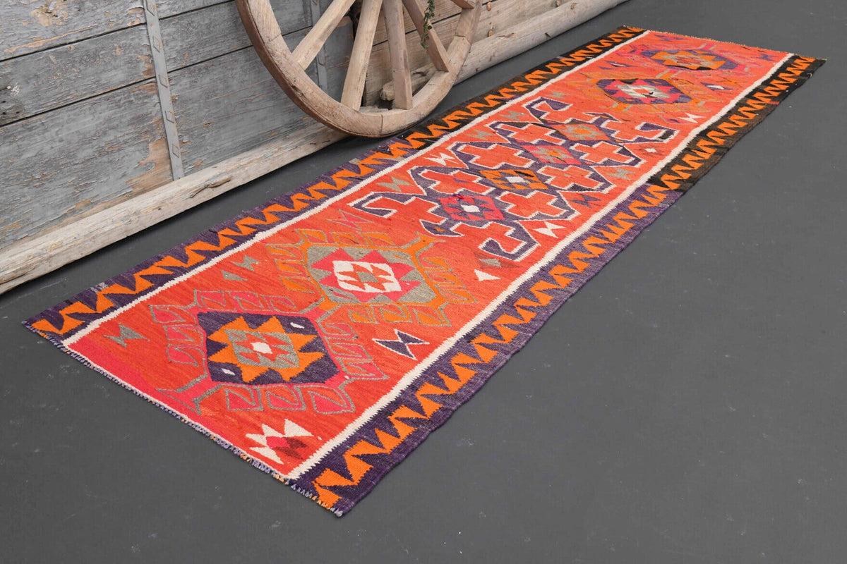 El yapımı vintage yolluk 94x310 cm i̇kat desenli yün - yakın çekim doku detayı